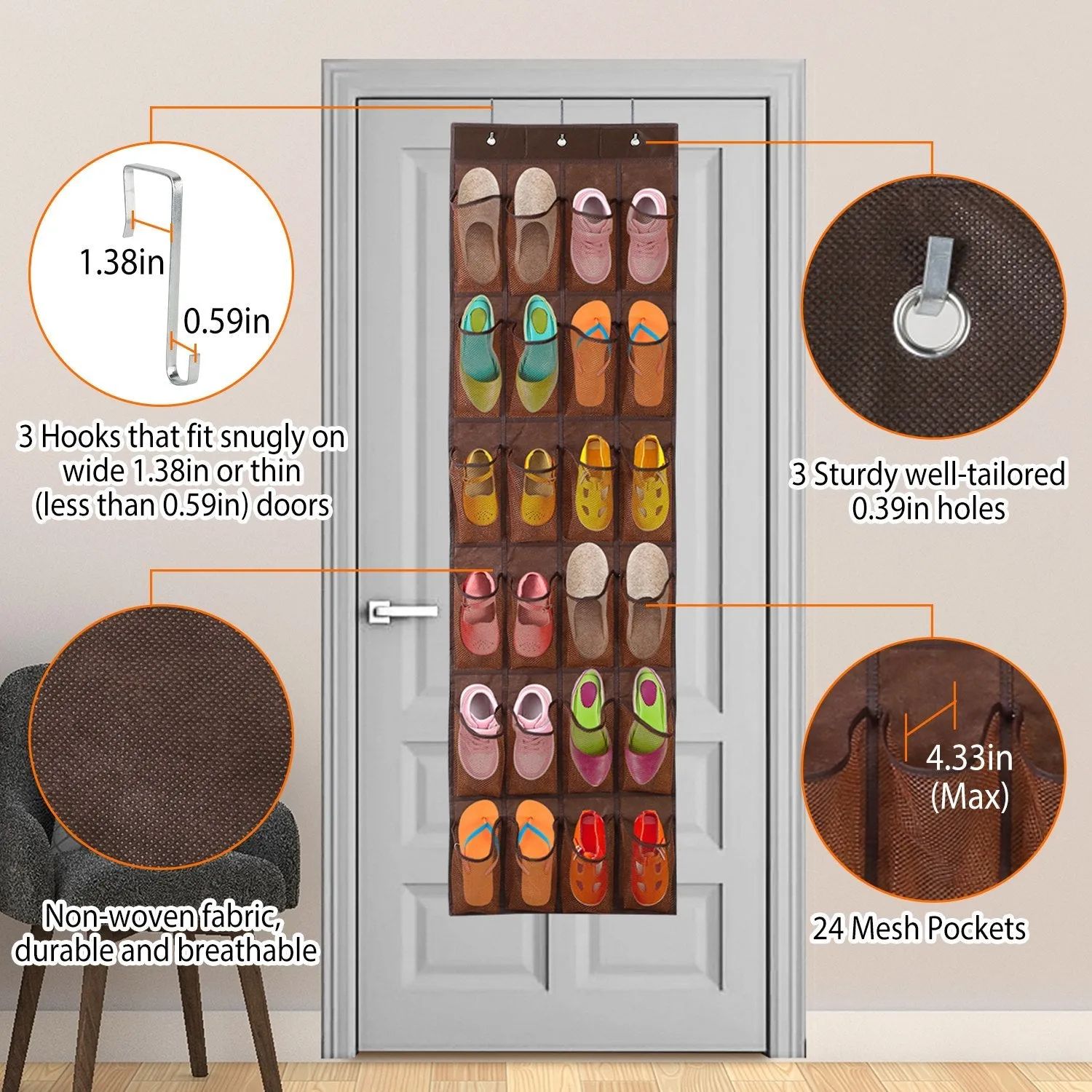 24 Pockets Over the Door Shoe Rack