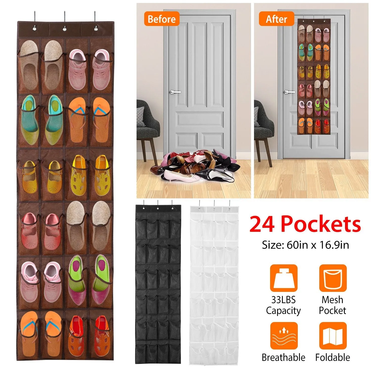 24 Pockets Over the Door Shoe Rack