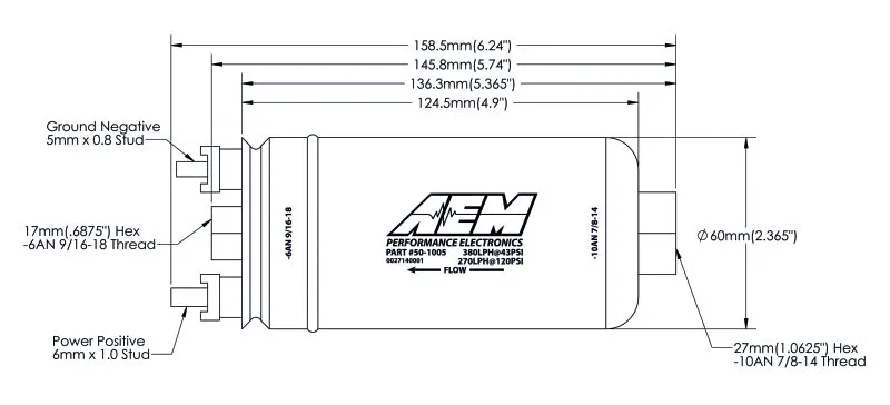 AEM High Flow Electric Fuel Pump In-Line 380 lph at 90 psi 10 AN Female O-Ring Inlet - 6 AN Female O-Ring Outlet