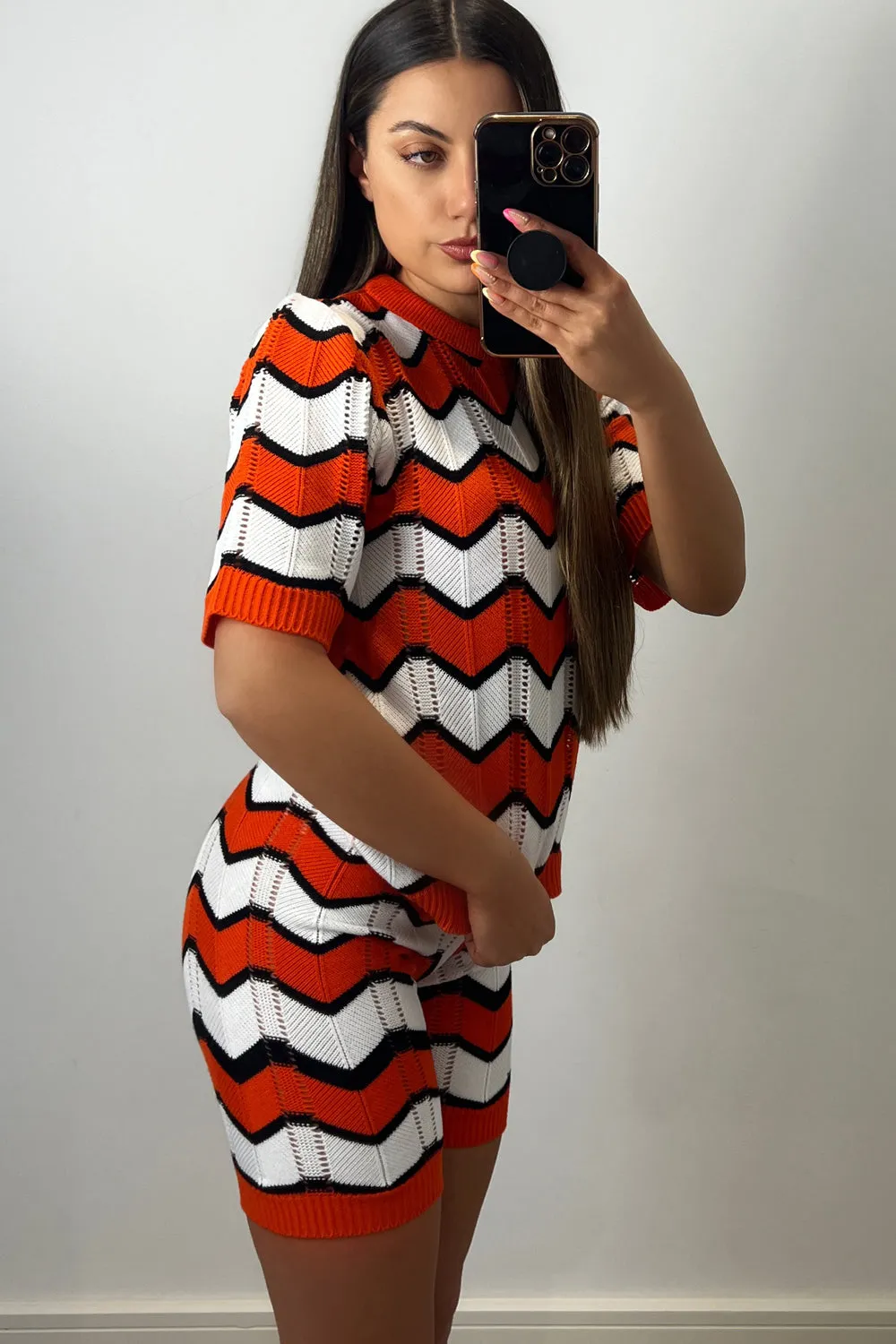 Alice orange zig zag knit top and shorts co-ord set