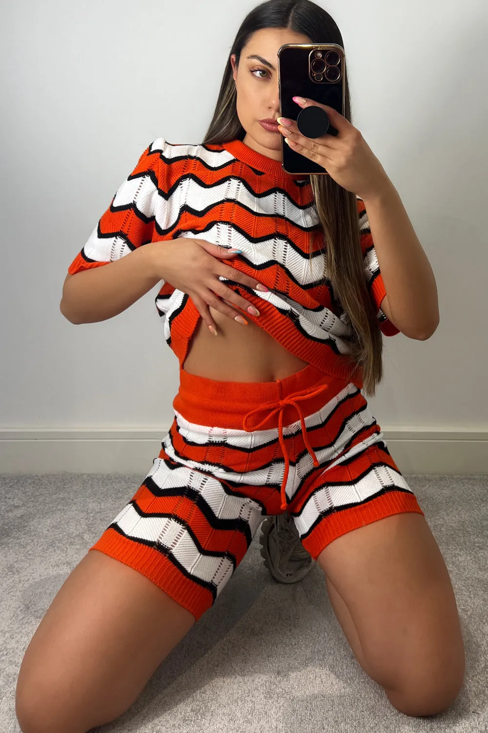 Alice orange zig zag knit top and shorts co-ord set