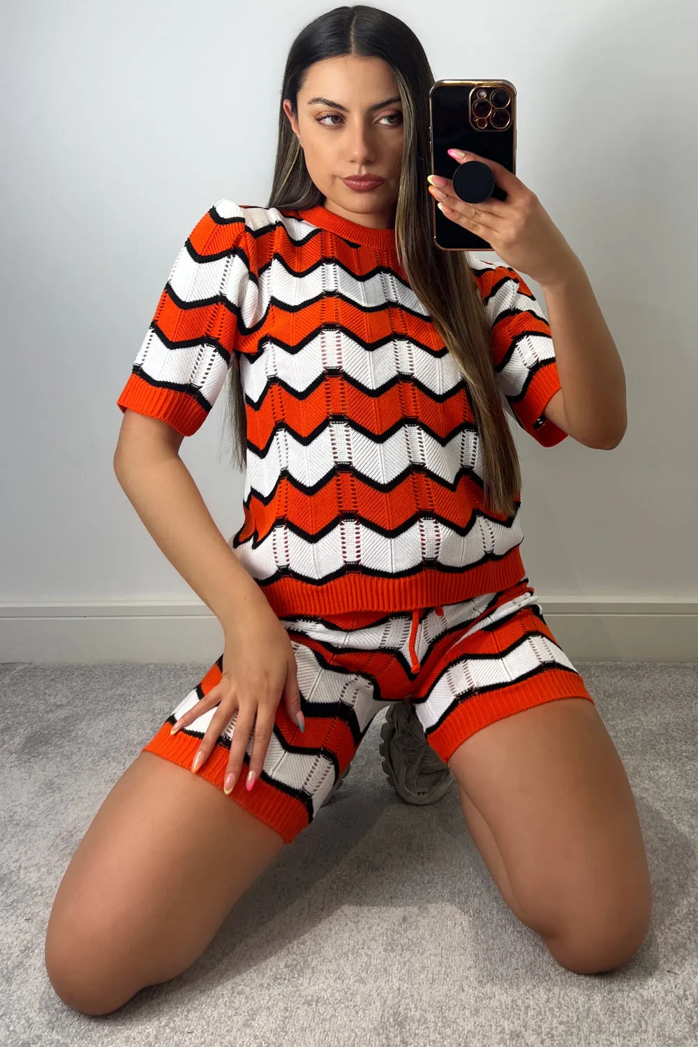 Alice orange zig zag knit top and shorts co-ord set