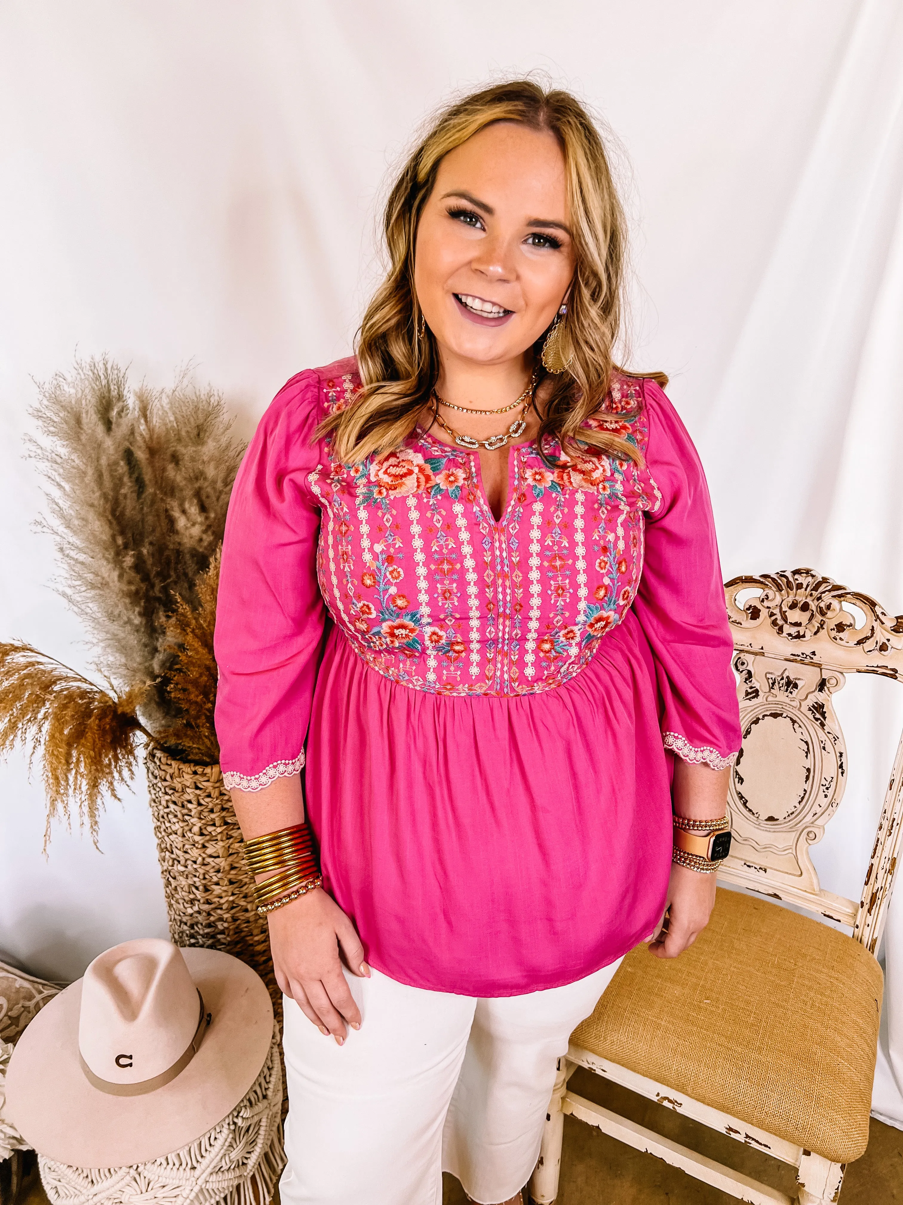 Already Mine 3/4 Bell Sleeve Embroidered Babydoll Top in Pink