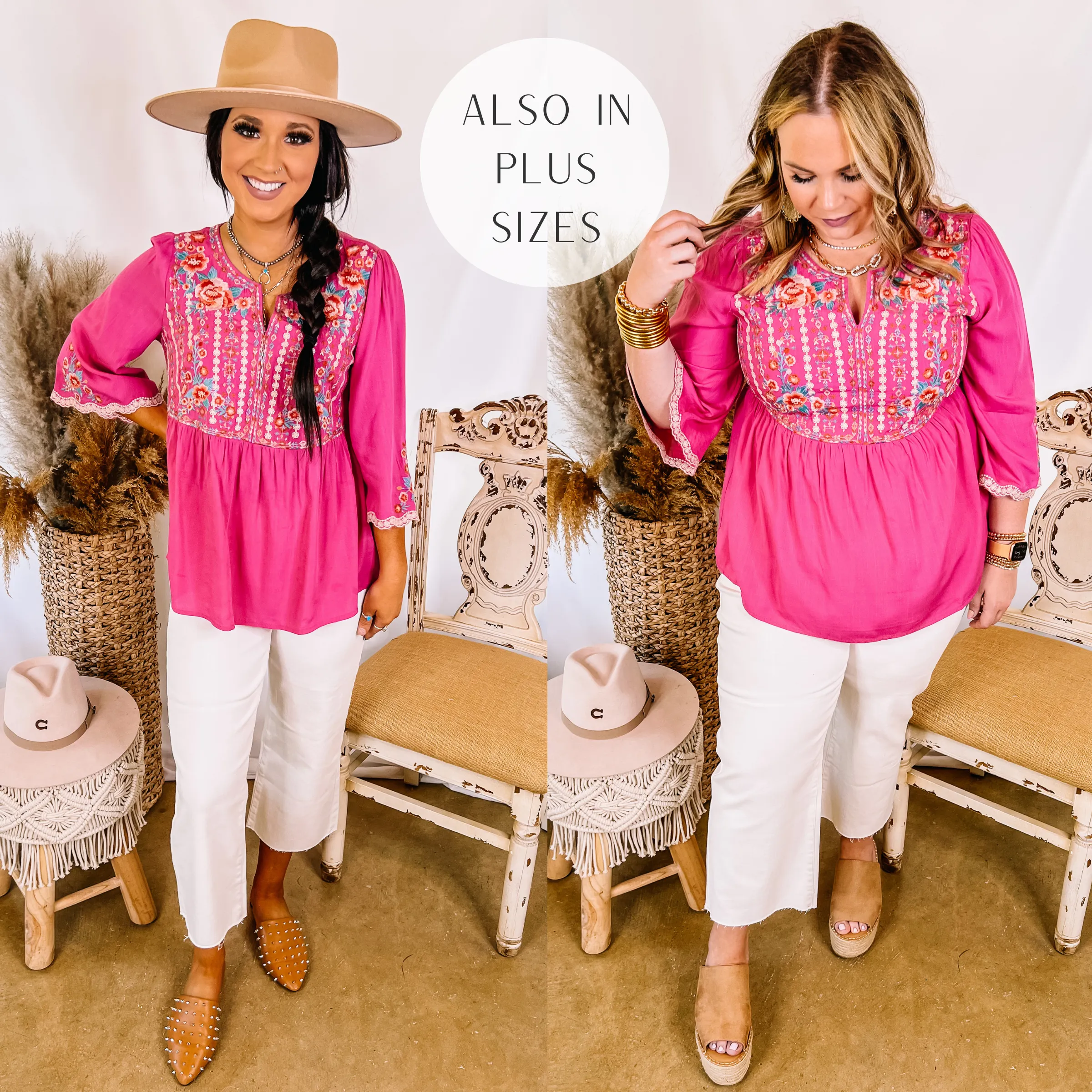 Already Mine 3/4 Bell Sleeve Embroidered Babydoll Top in Pink