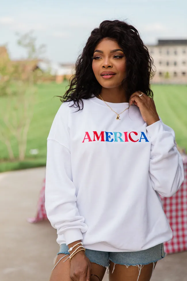 America Multi Embroidery White Oversized Graphic Sweatshirt FINAL SALE