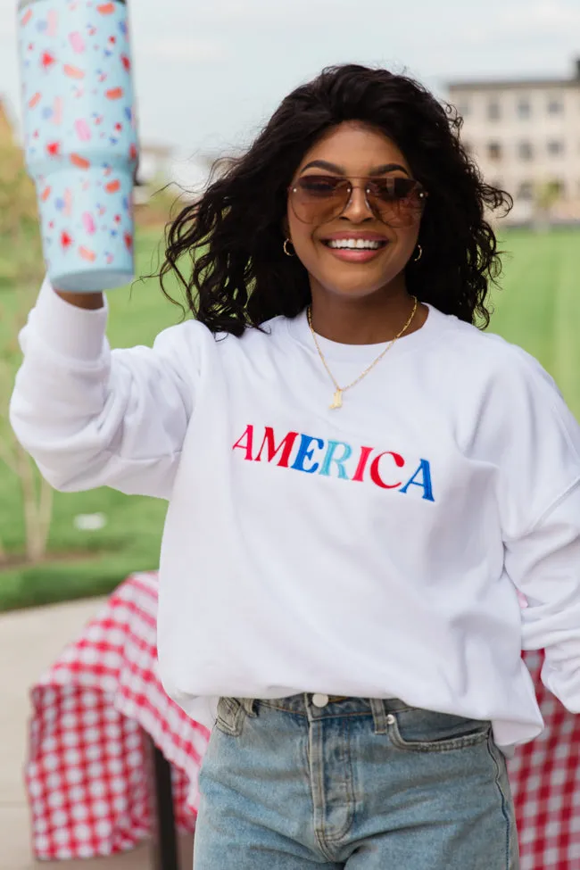 America Multi Embroidery White Oversized Graphic Sweatshirt FINAL SALE