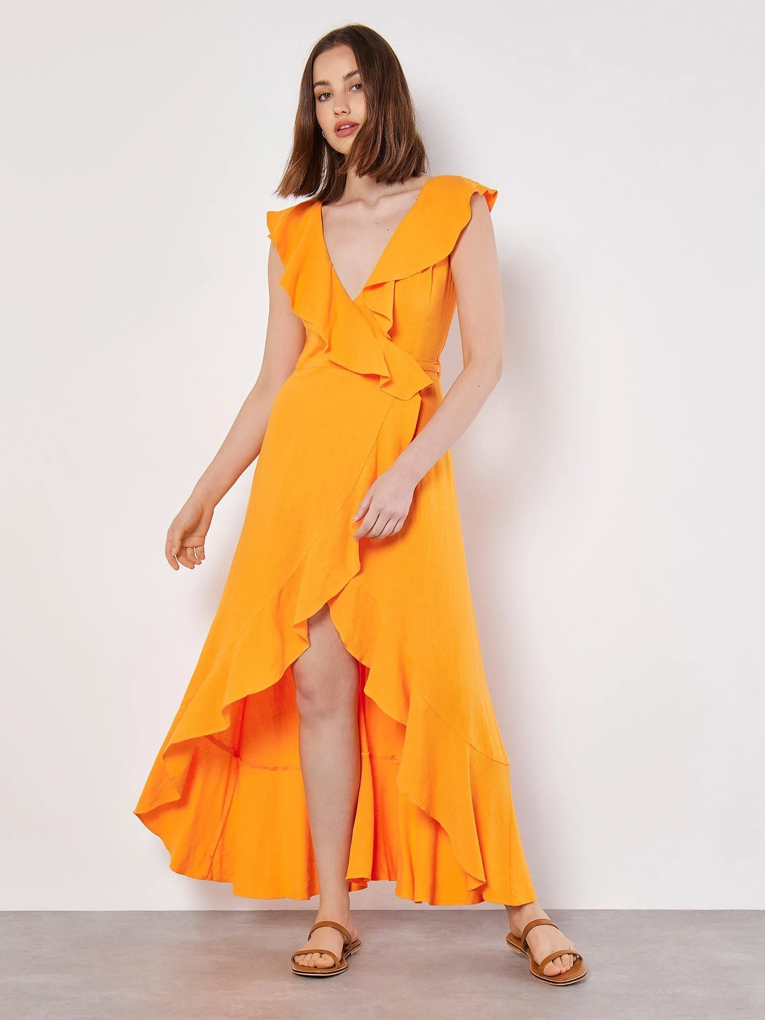 APRICOT - Ruffle Wrap Hi-Lo Linen Mix Dress - 828582 - FINAL SALE