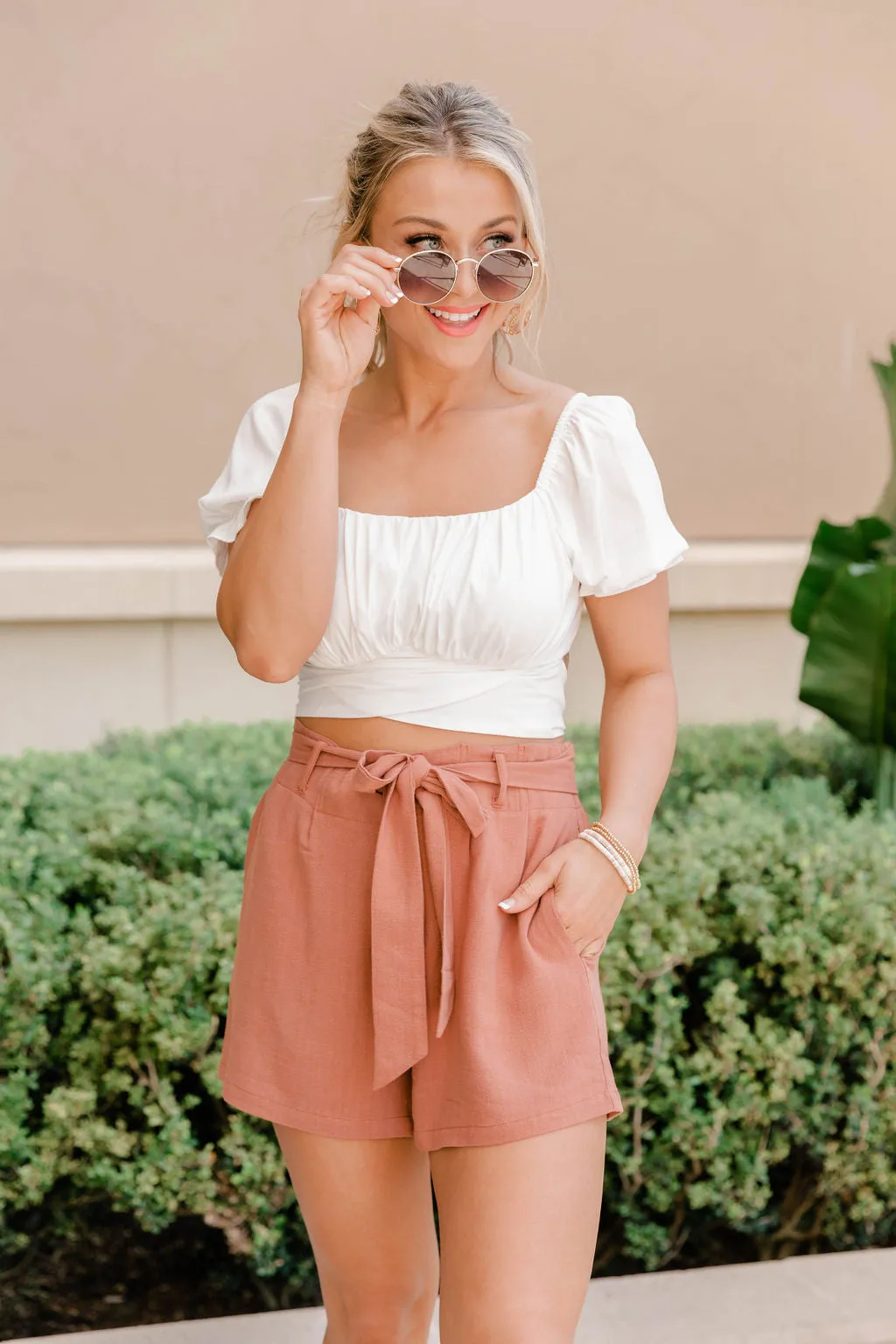 Bayside Stroll Terracotta Paperbag Linen Shorts FINAL SALE