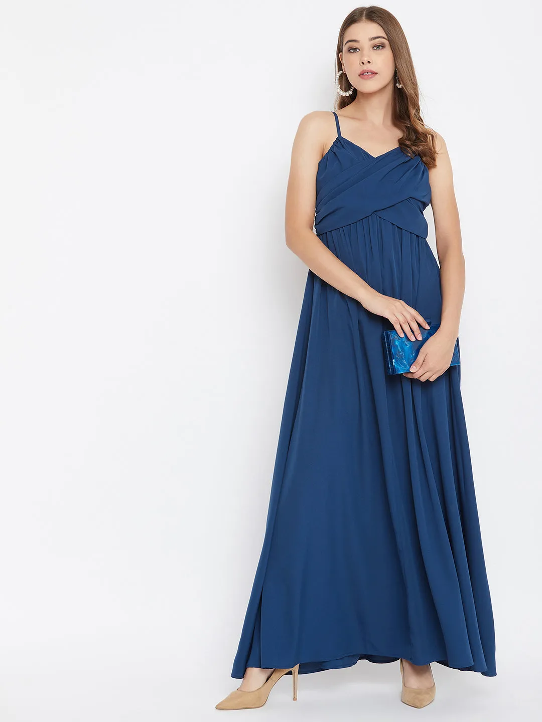 Berrylush Women Solid Blue V-Neck Sleeveless Ruched Bust Maxi Dress