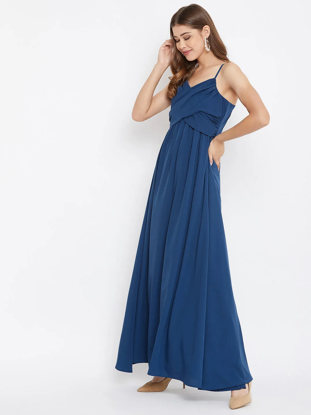 Berrylush Women Solid Blue V-Neck Sleeveless Ruched Bust Maxi Dress