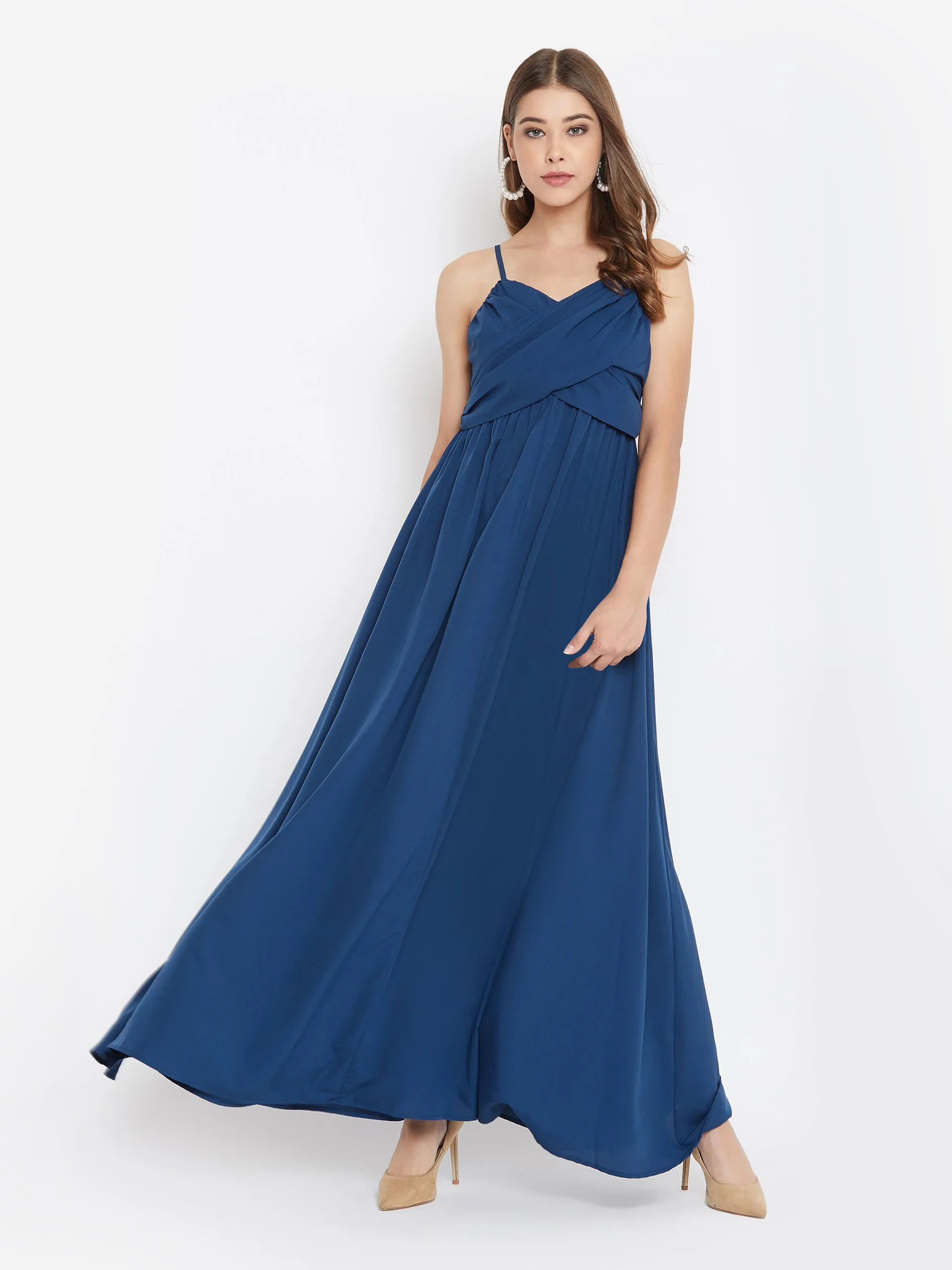 Berrylush Women Solid Blue V-Neck Sleeveless Ruched Bust Maxi Dress