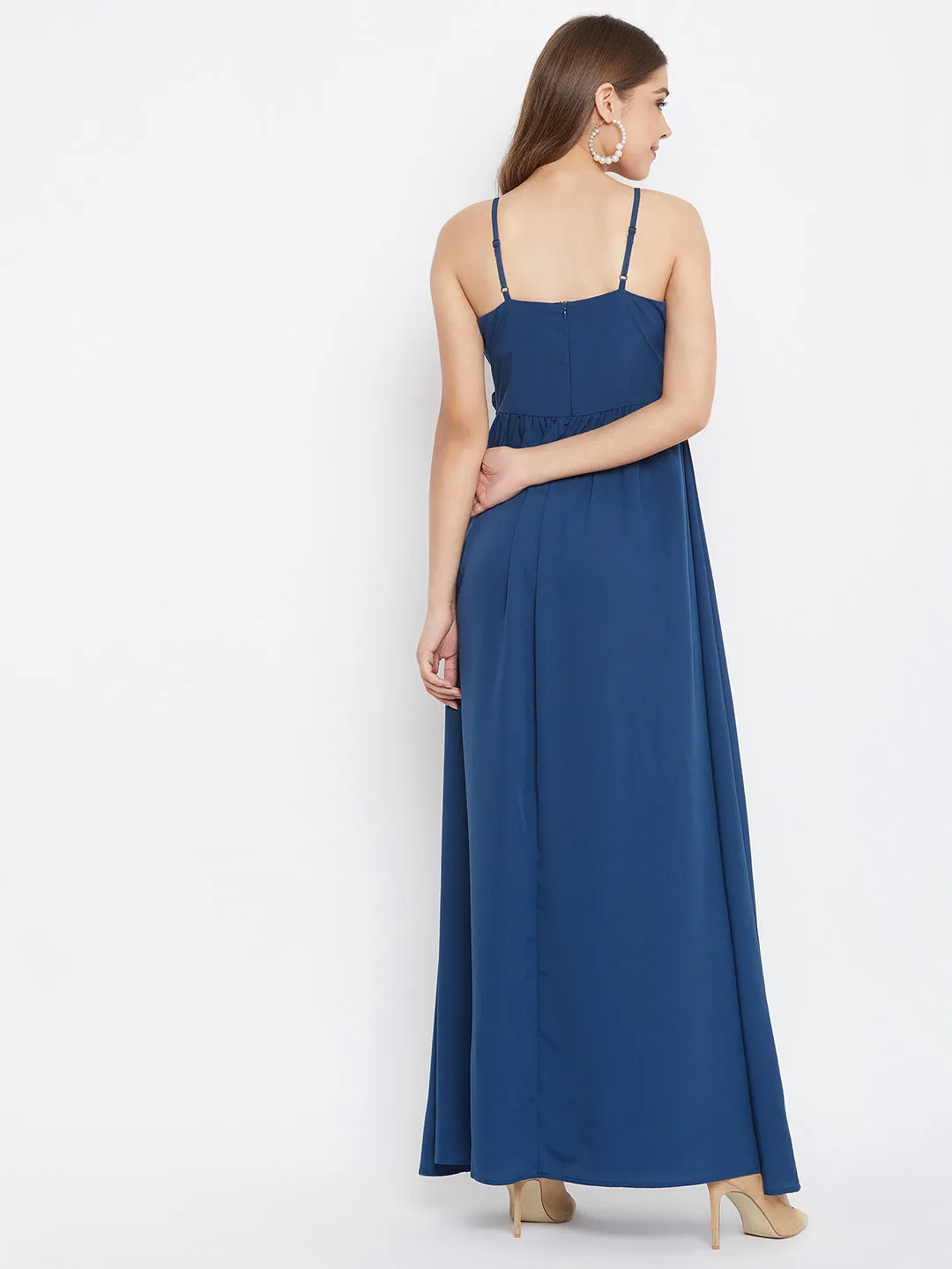 Berrylush Women Solid Blue V-Neck Sleeveless Ruched Bust Maxi Dress