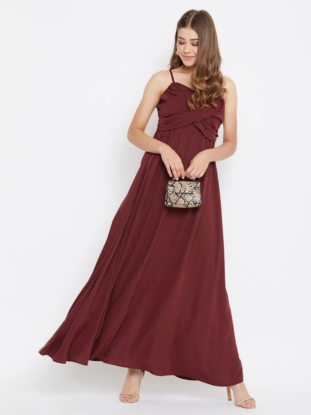 Berrylush Women Solid Maroon V-Neck Sleeveless Ruched Bust Maxi Dress