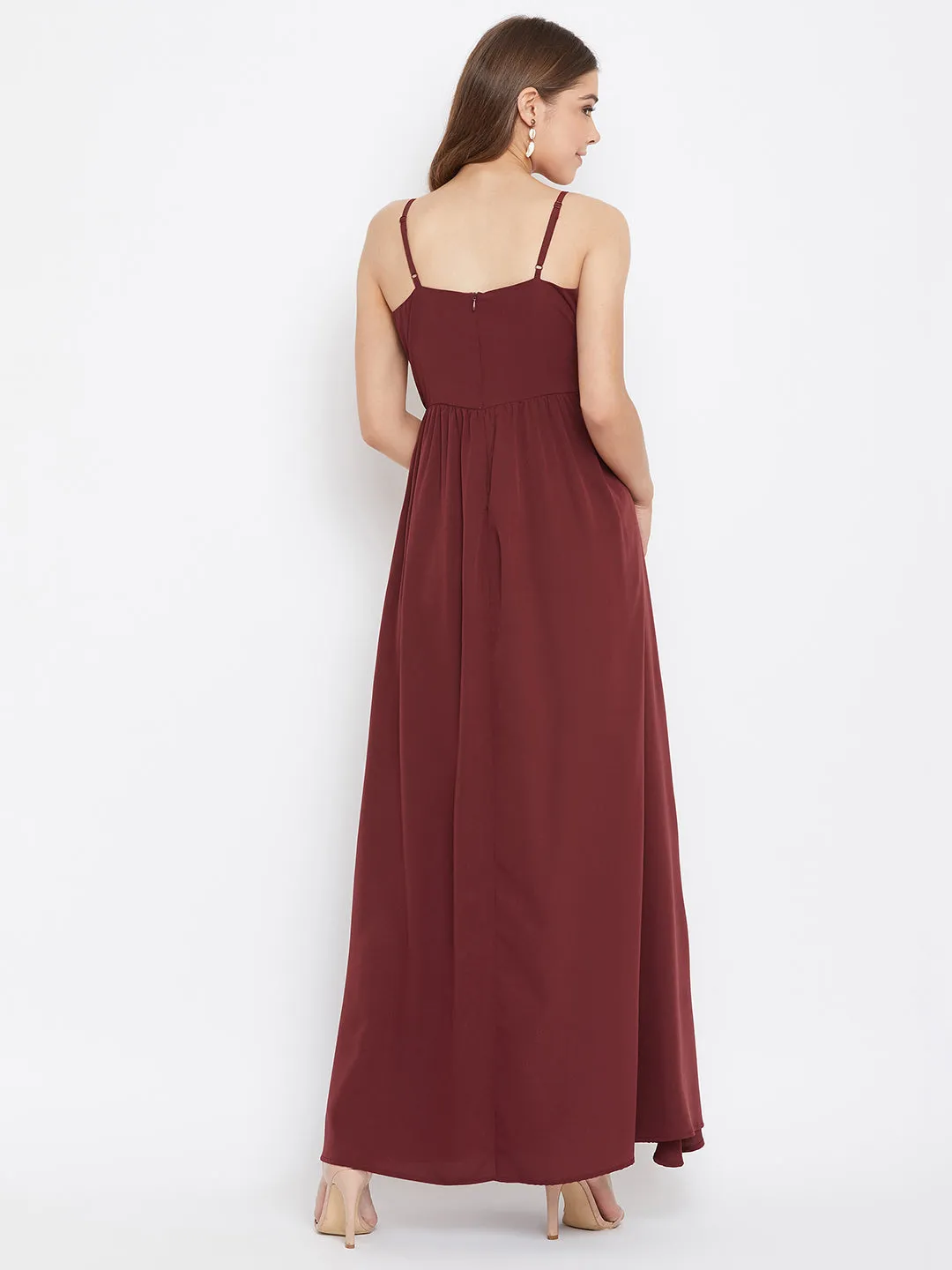 Berrylush Women Solid Maroon V-Neck Sleeveless Ruched Bust Maxi Dress