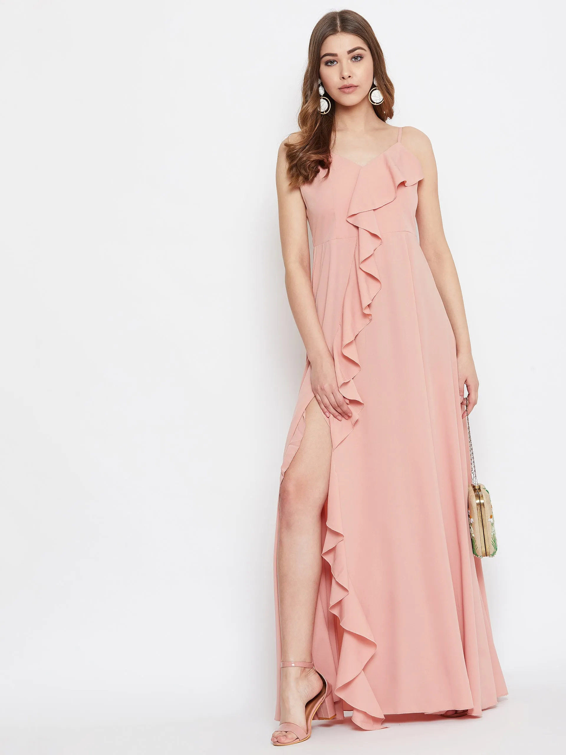 Berrylush Women Solid Pink V-Neck Front-Slit Ruffled Maxi Dress