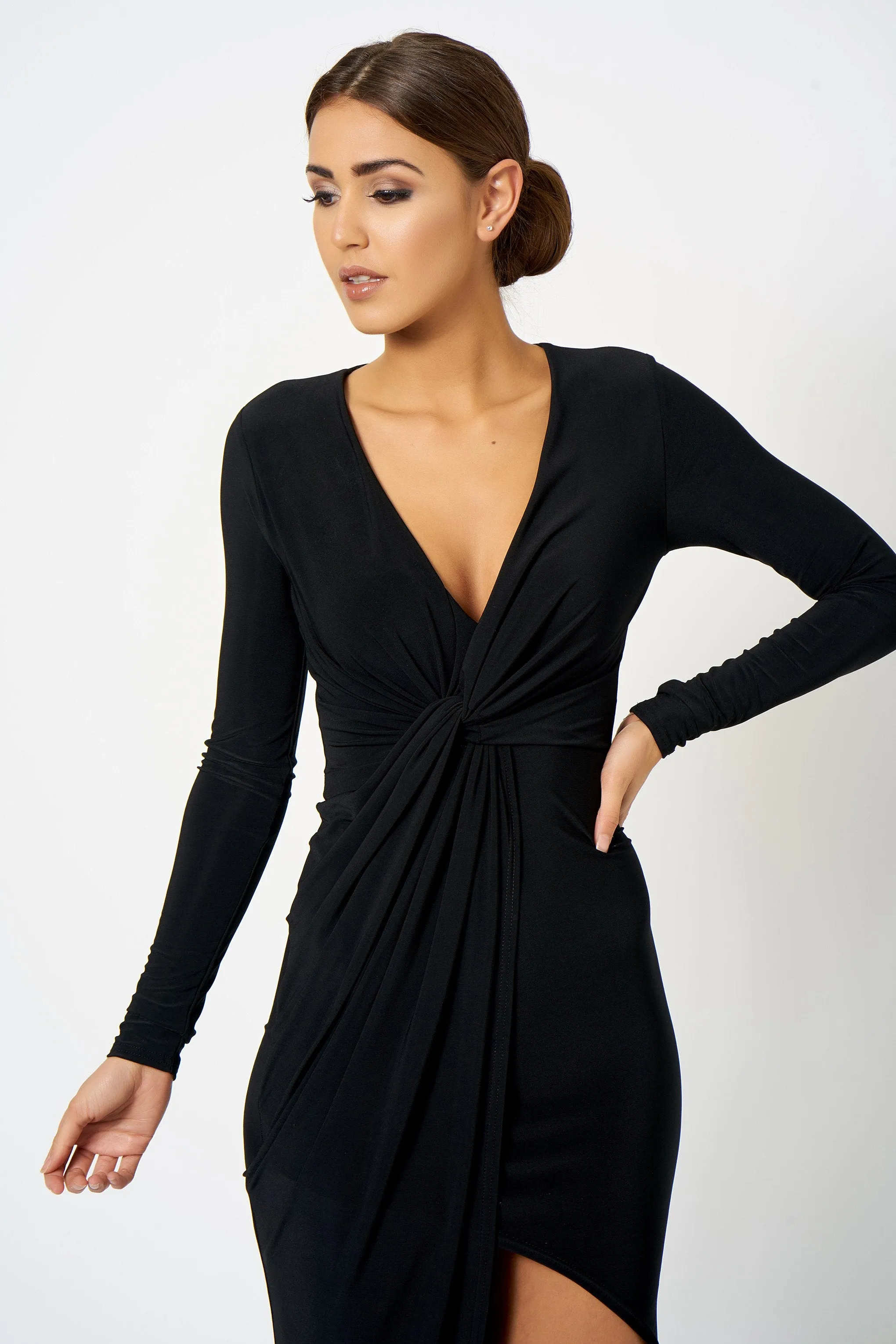 Black Asymmetric Knot Front Maxi Dress