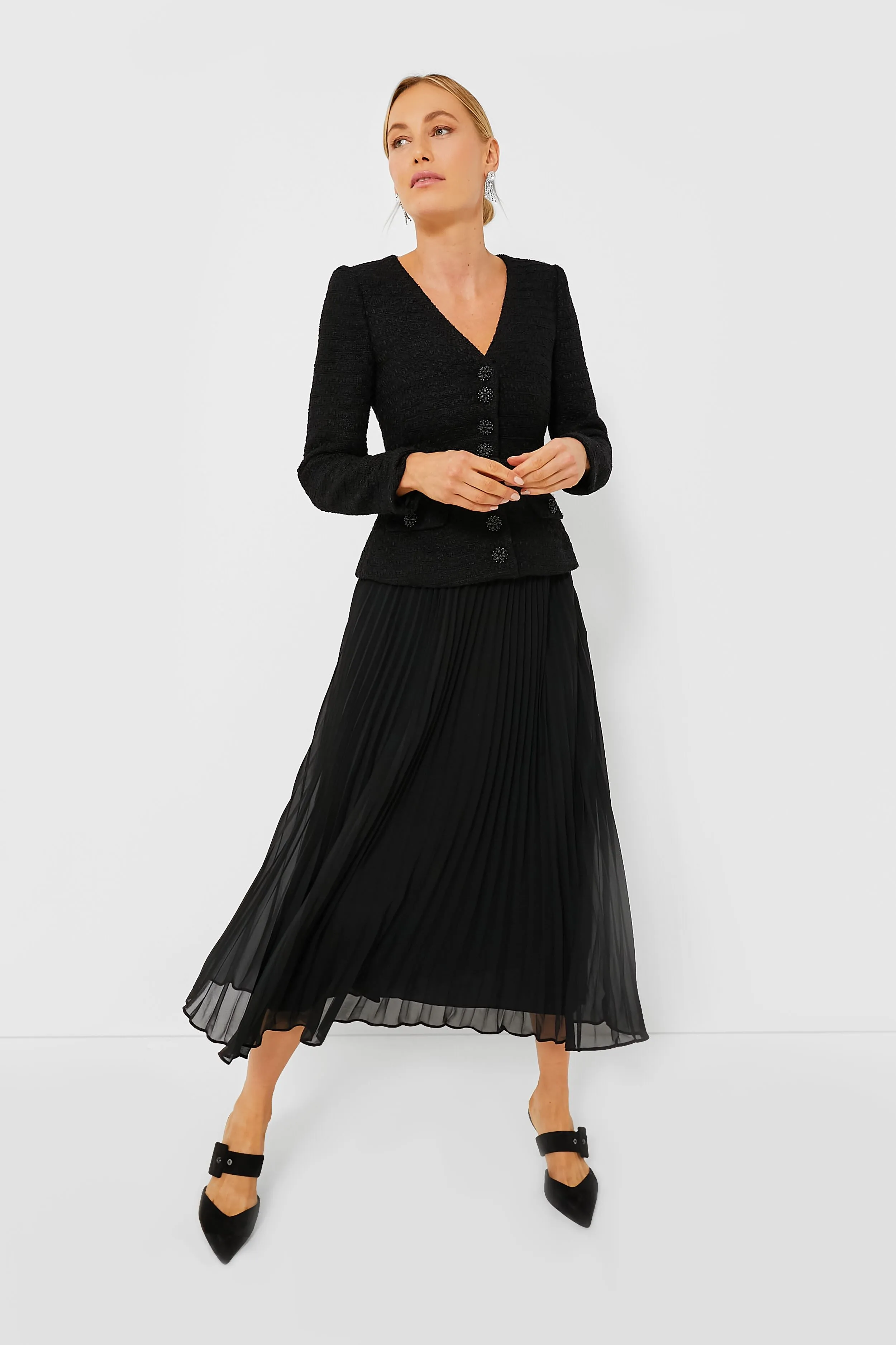 Black Boucle Chiffon Midi Dress