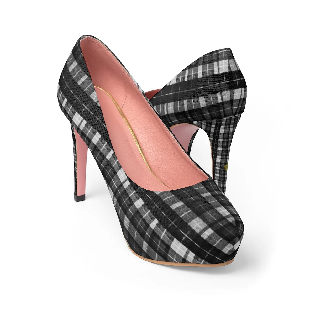 Black Plaid Women's Pumps, Tartan Print Women's Platform Heels Stilettos (US Size: 5-11)