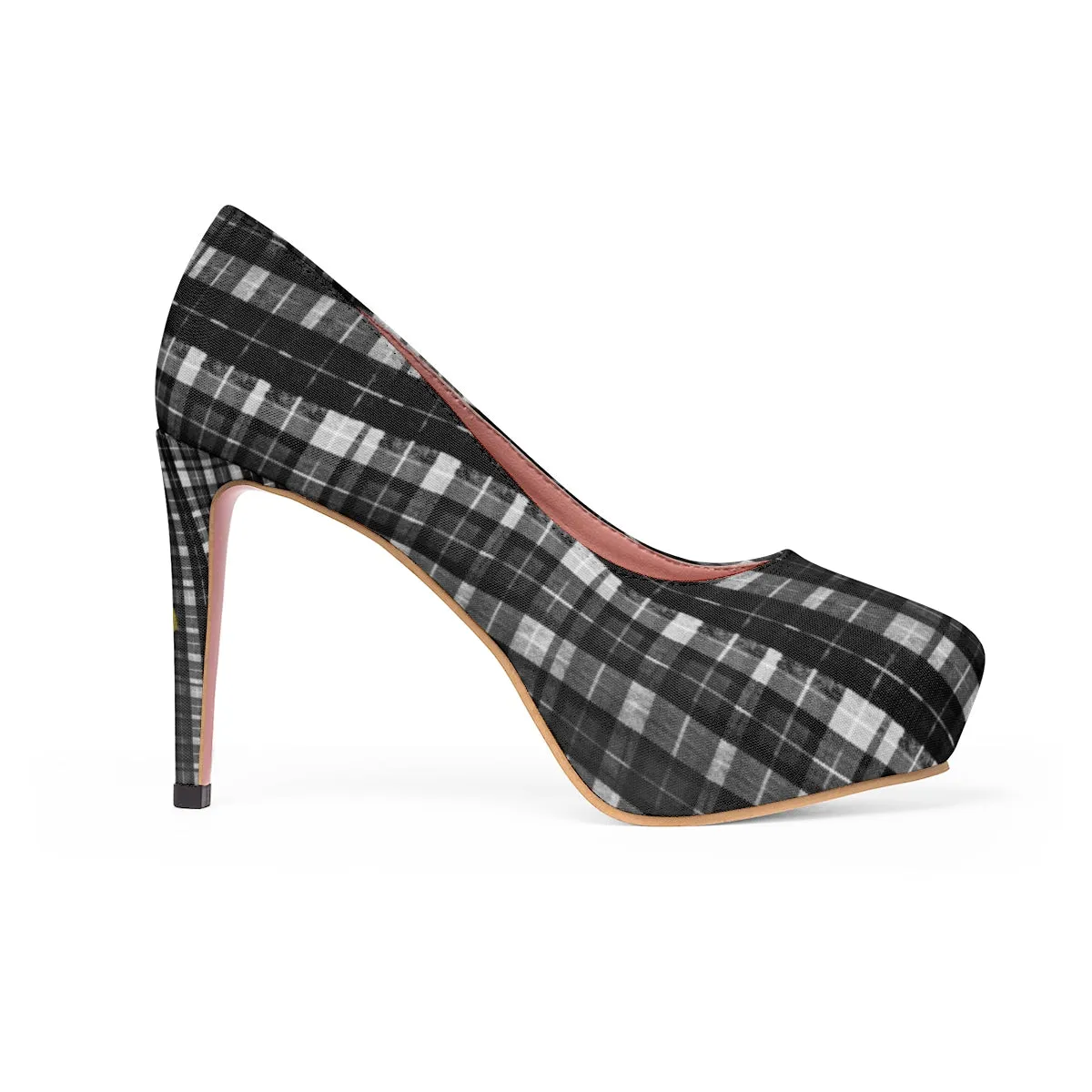 Black Plaid Women's Pumps, Tartan Print Women's Platform Heels Stilettos (US Size: 5-11)