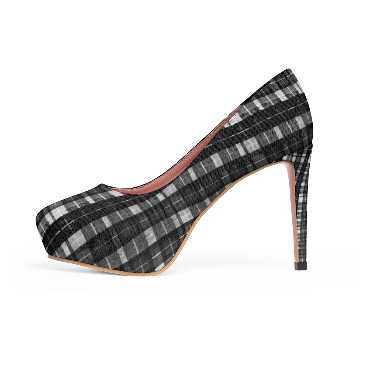 Black Plaid Women's Pumps, Tartan Print Women's Platform Heels Stilettos (US Size: 5-11)