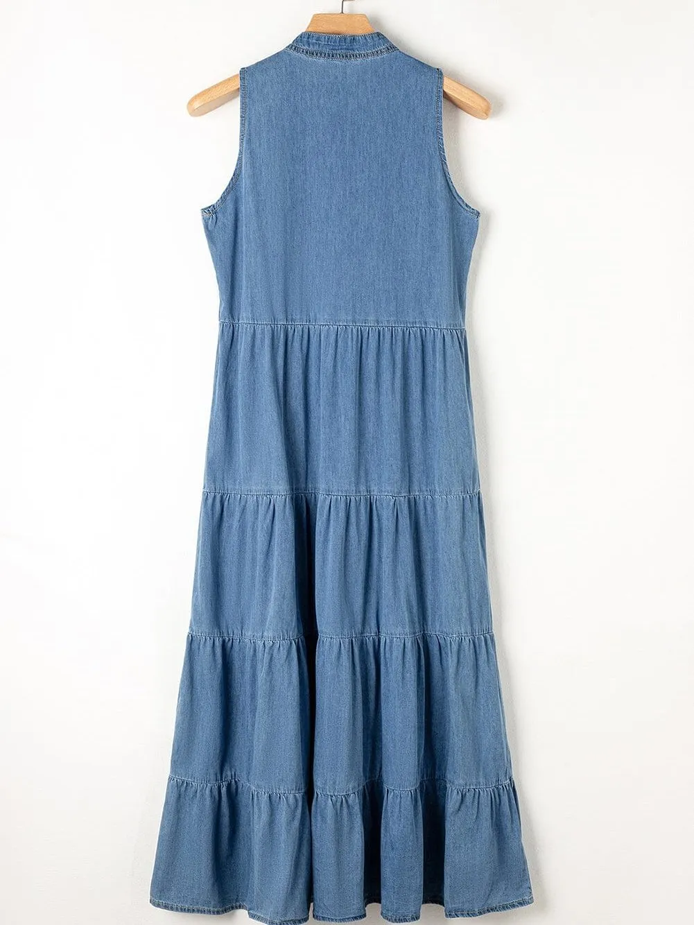 Blue Chambray Tiered Maxi Dress with Sleeveless Design