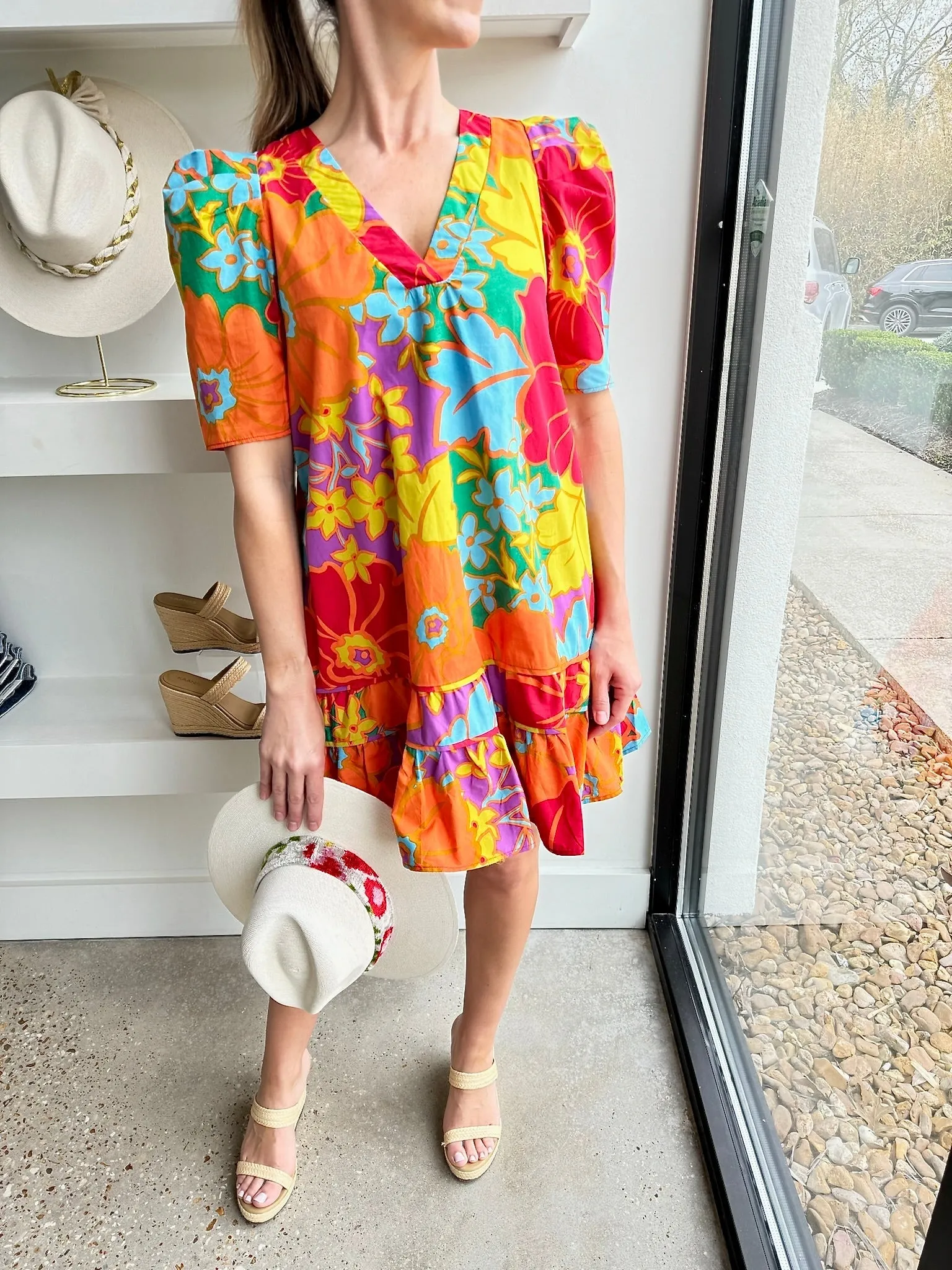 Bold Floral V Neck Ruffle Bottom Dress