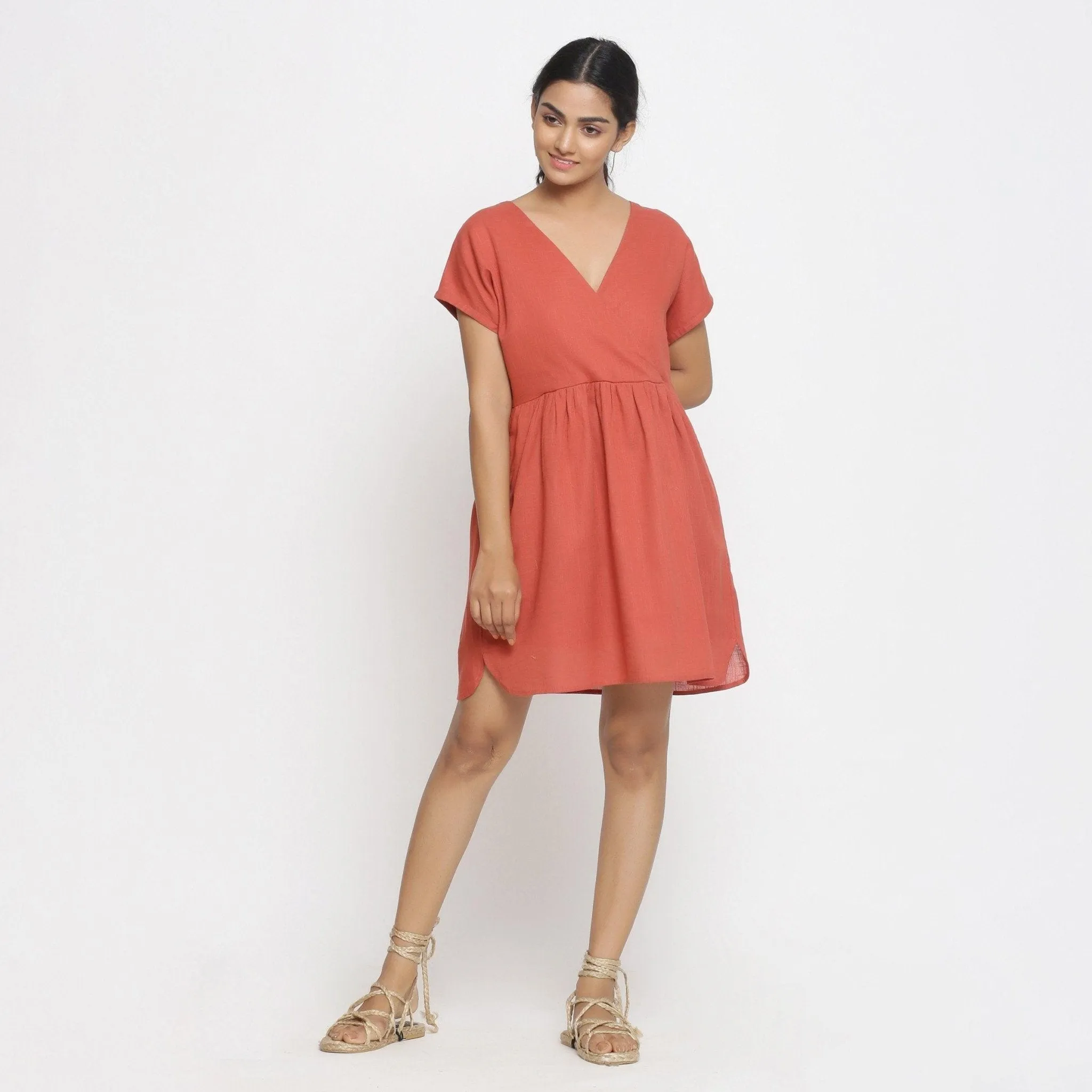 Brick Red 100% Cotton V-Neck Short Wrap Dress