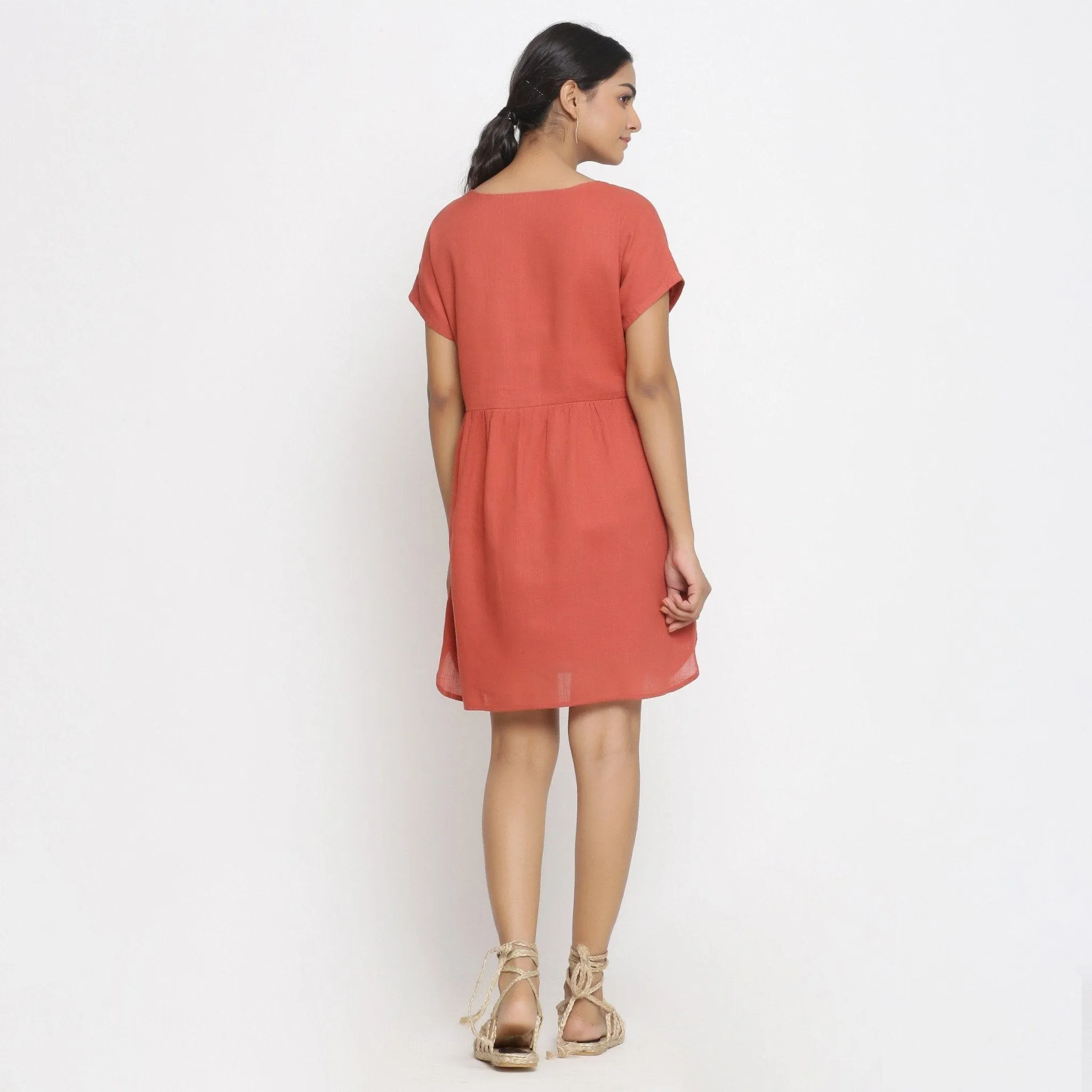 Brick Red 100% Cotton V-Neck Short Wrap Dress