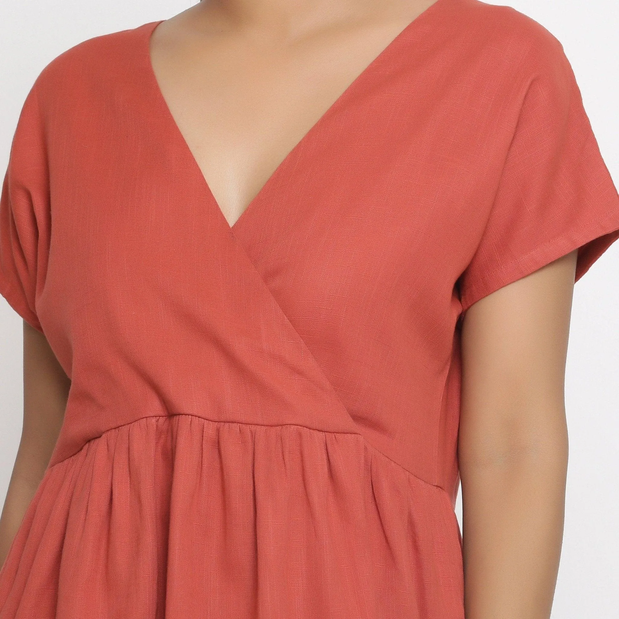 Brick Red 100% Cotton V-Neck Short Wrap Dress