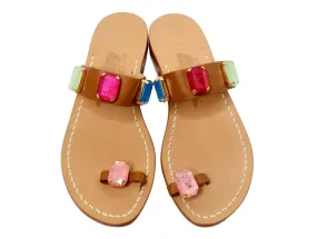 Brown Leather Sandals With Colorful Faux Gemstone Accents