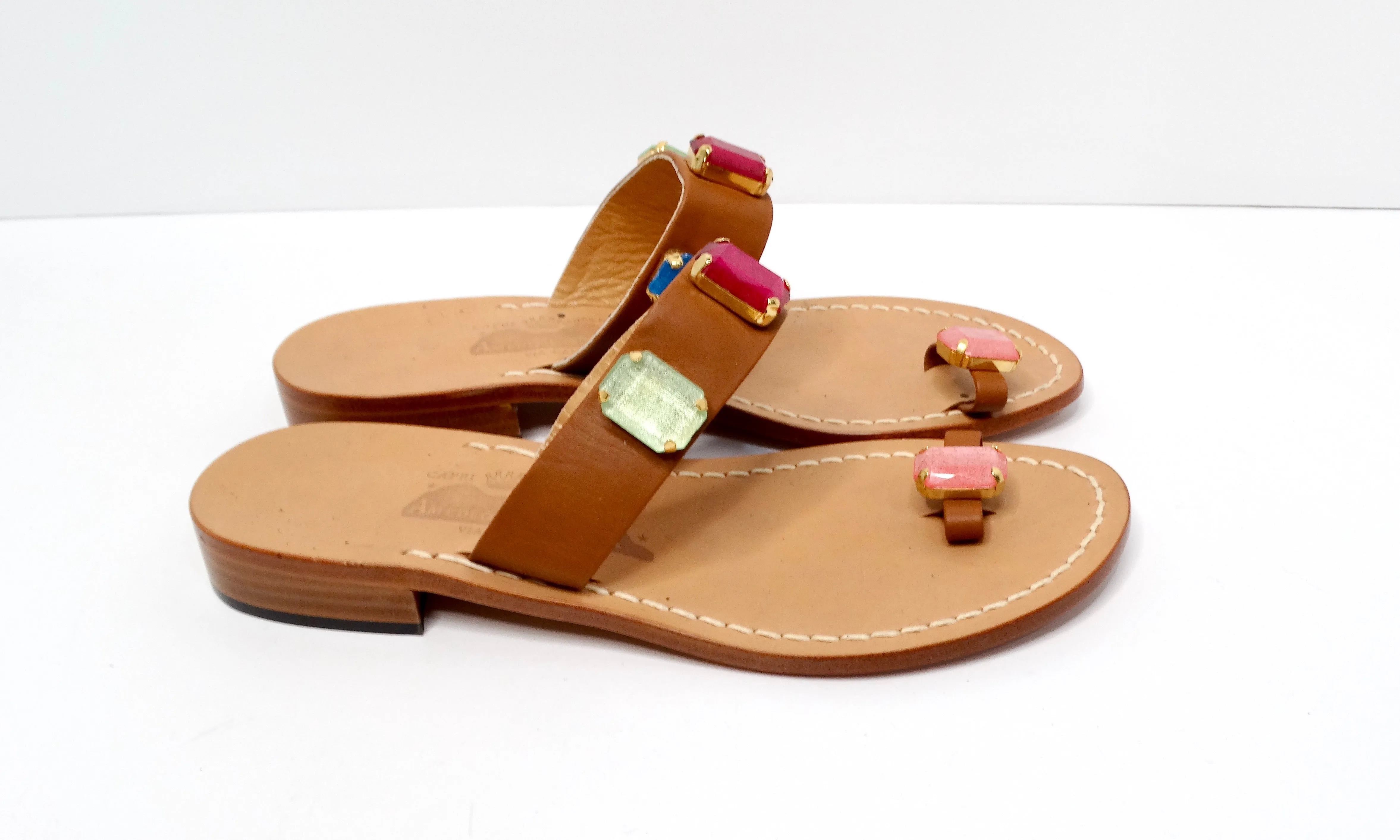 Brown Leather Sandals With Colorful Faux Gemstone Accents