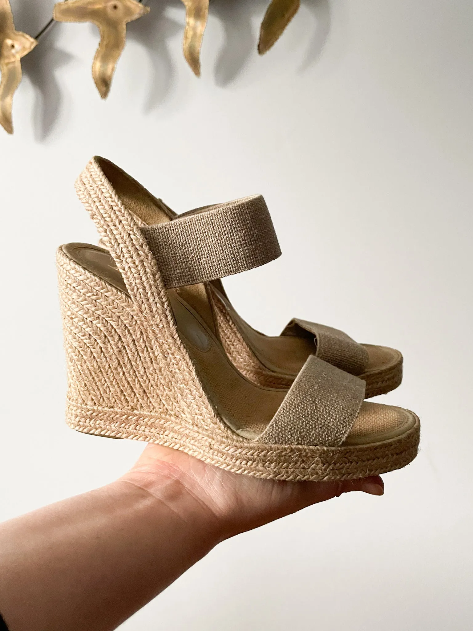 Brown's Beige Espadrille 4" Wedge Heel Sandals - Size 37