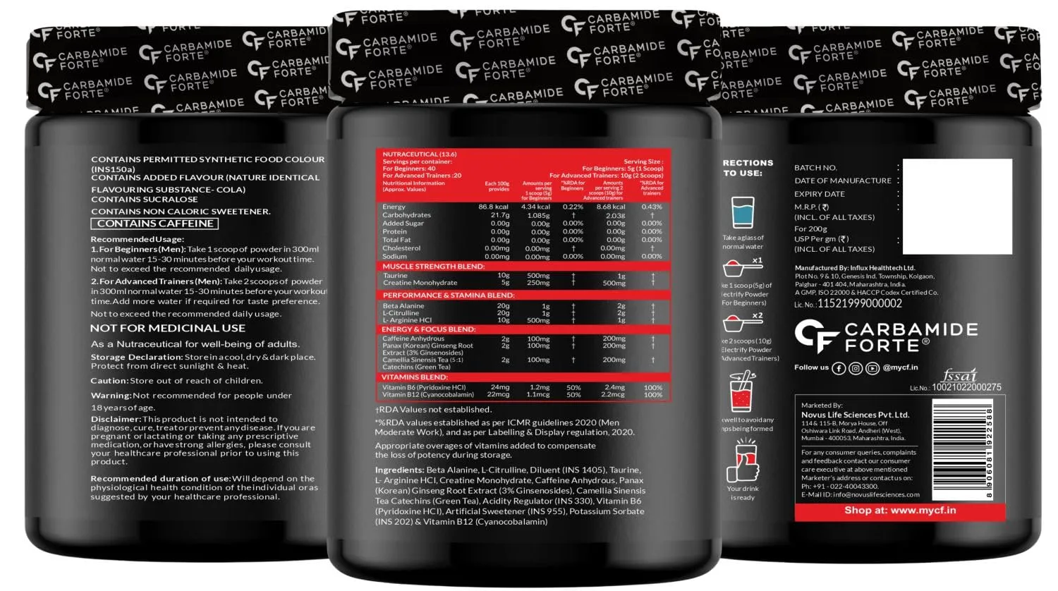 Carbamide Forte Pre Workout Powder (Cola Flavour 200g) for Men & Women with Taurine & Creatine Monohydrate for Energy, Focus & Strength