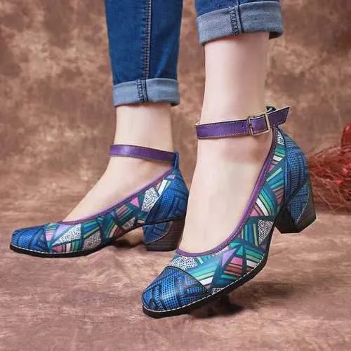 Colorful Genuine Buckle Strap Pumps