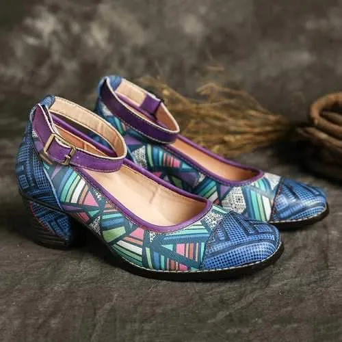 Colorful Genuine Buckle Strap Pumps