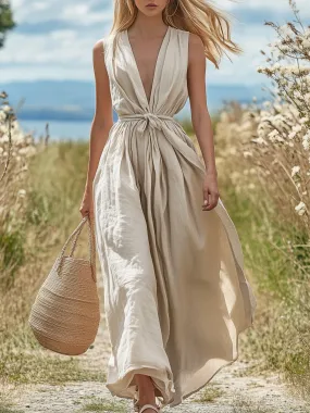 Comfortable Cotton and Linen V-Neck Sleeveless Maxi Dress