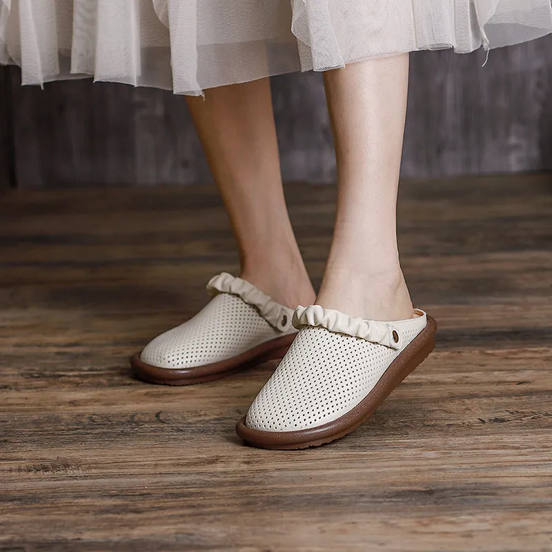 Comfy Leather Mary Jane Sandals Cut Out Flats Off white/Brown/Coffee