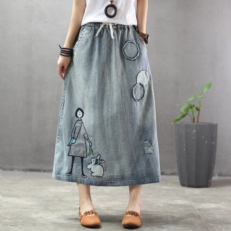 Embroidered Patchwork Kawaii Denim Skirt