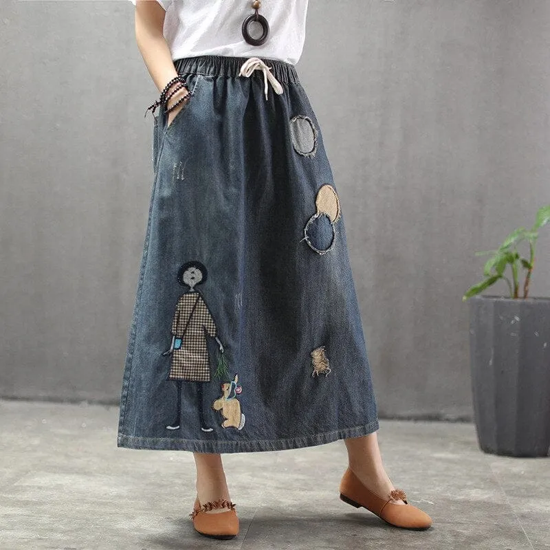 Embroidered Patchwork Kawaii Denim Skirt