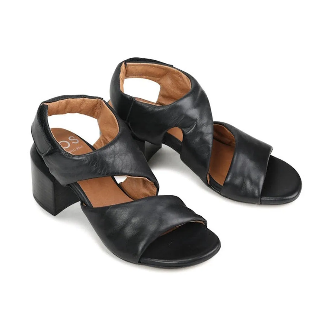 EOS Charbel Black Leather Block Heel Womens Sandals