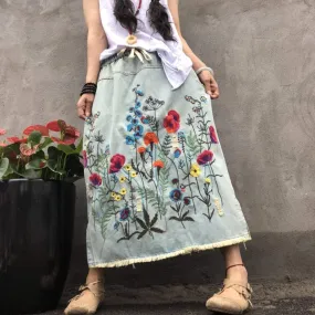 Floral Embroidered Denim Midi Skirt