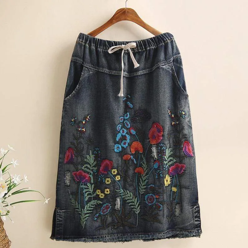 Floral Embroidered Denim Midi Skirt