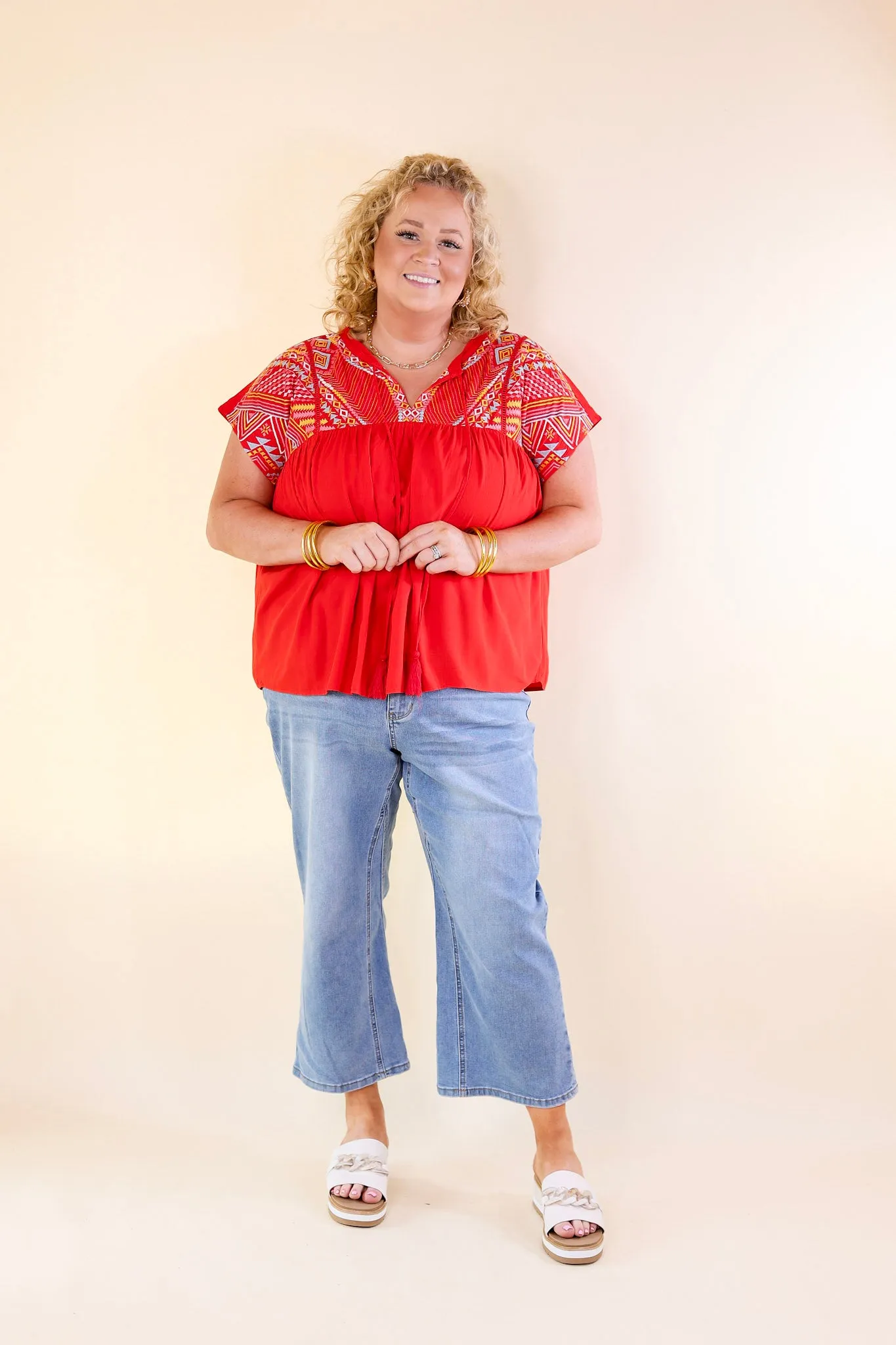 Forgotten Paradise Embroidered Top with Front Tie in Red