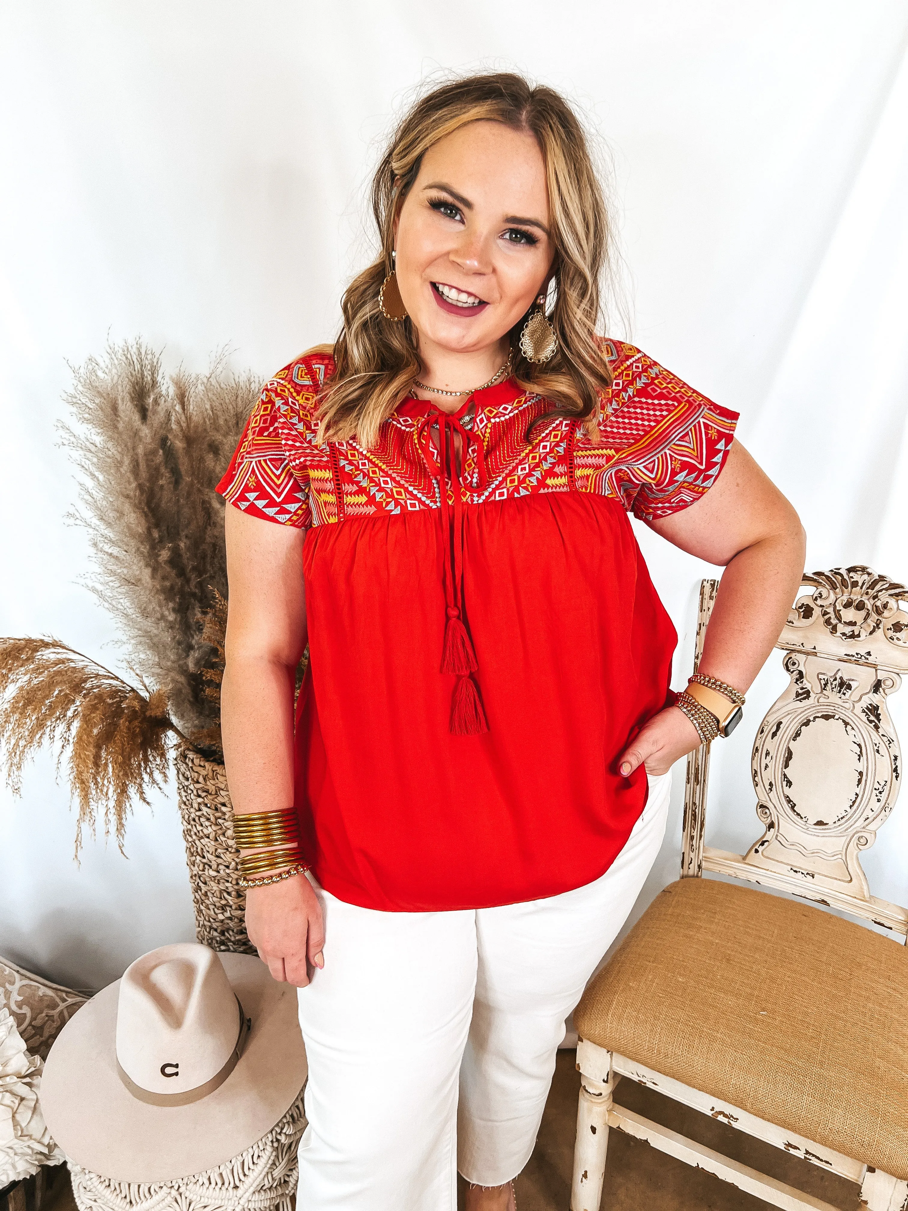 Forgotten Paradise Embroidered Top with Front Tie in Red