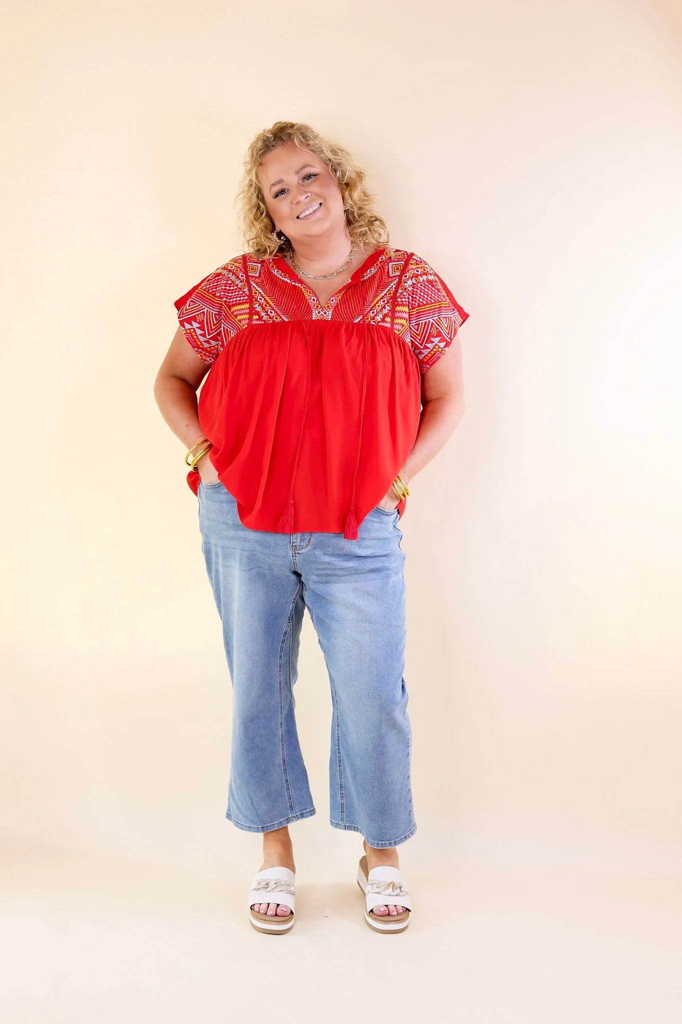 Forgotten Paradise Embroidered Top with Front Tie in Red