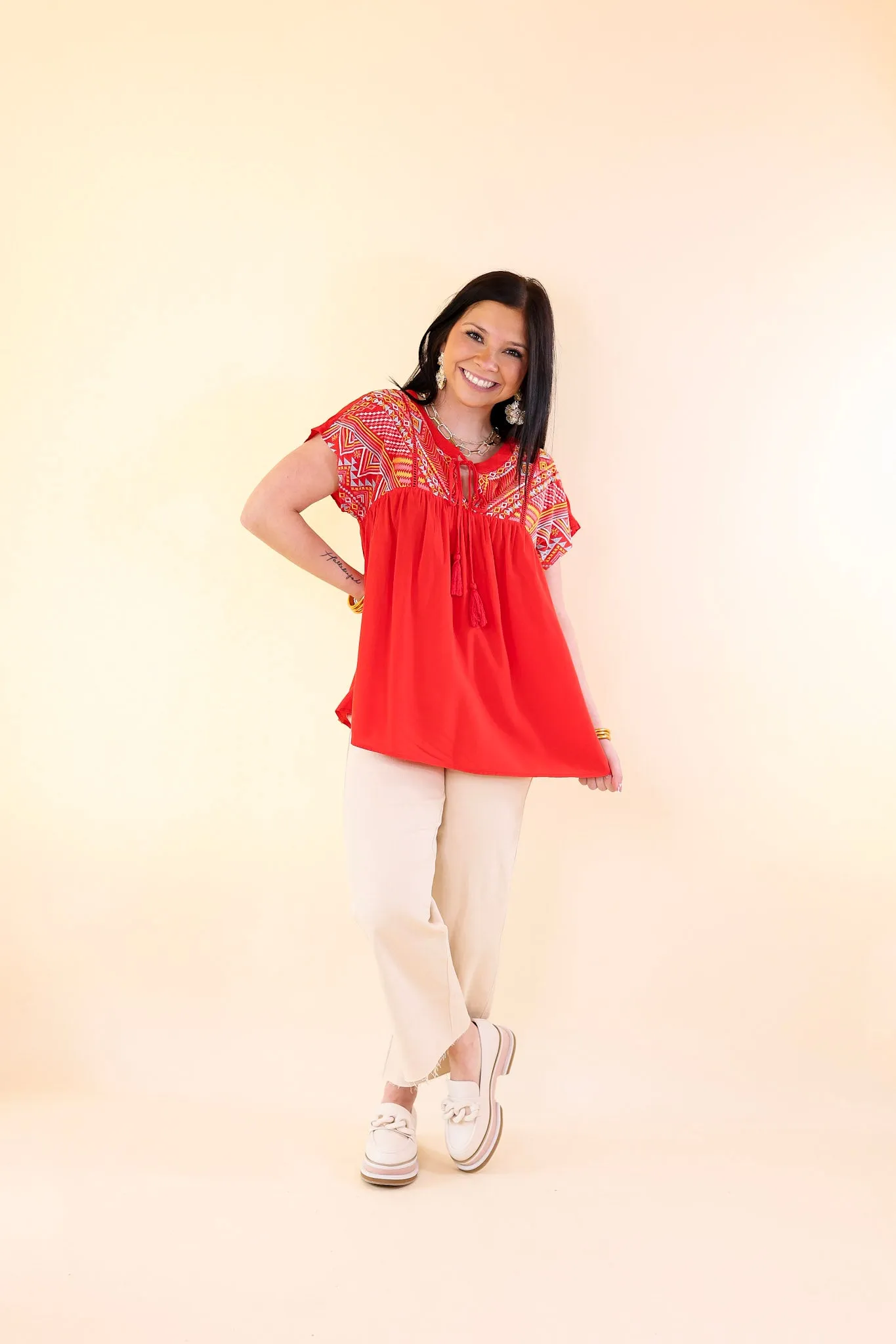 Forgotten Paradise Embroidered Top with Front Tie in Red