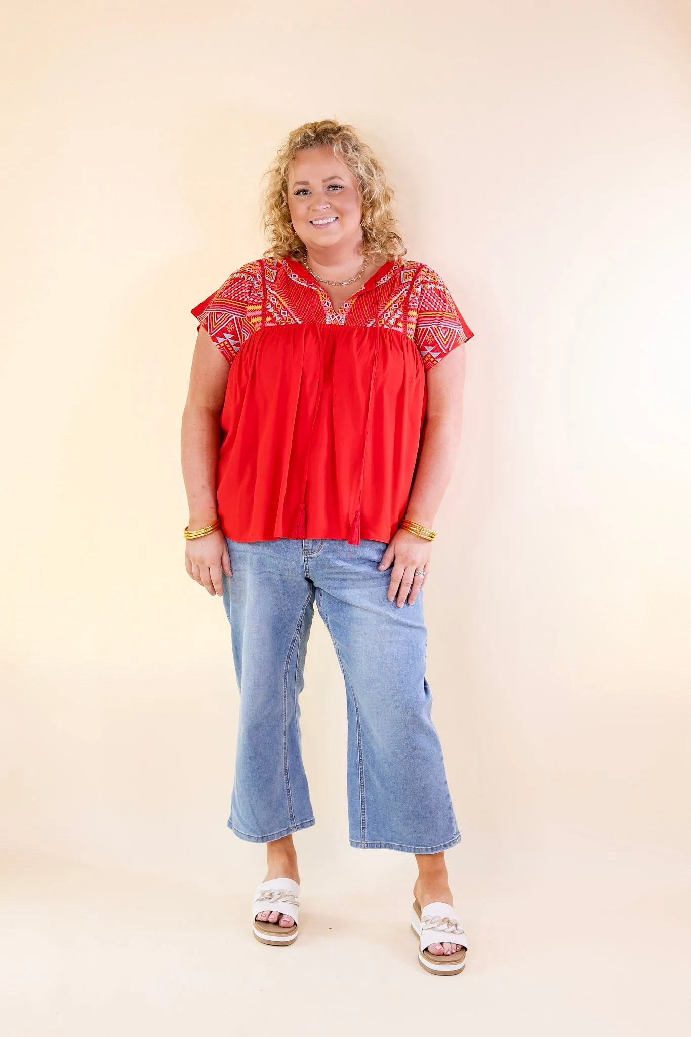 Forgotten Paradise Embroidered Top with Front Tie in Red