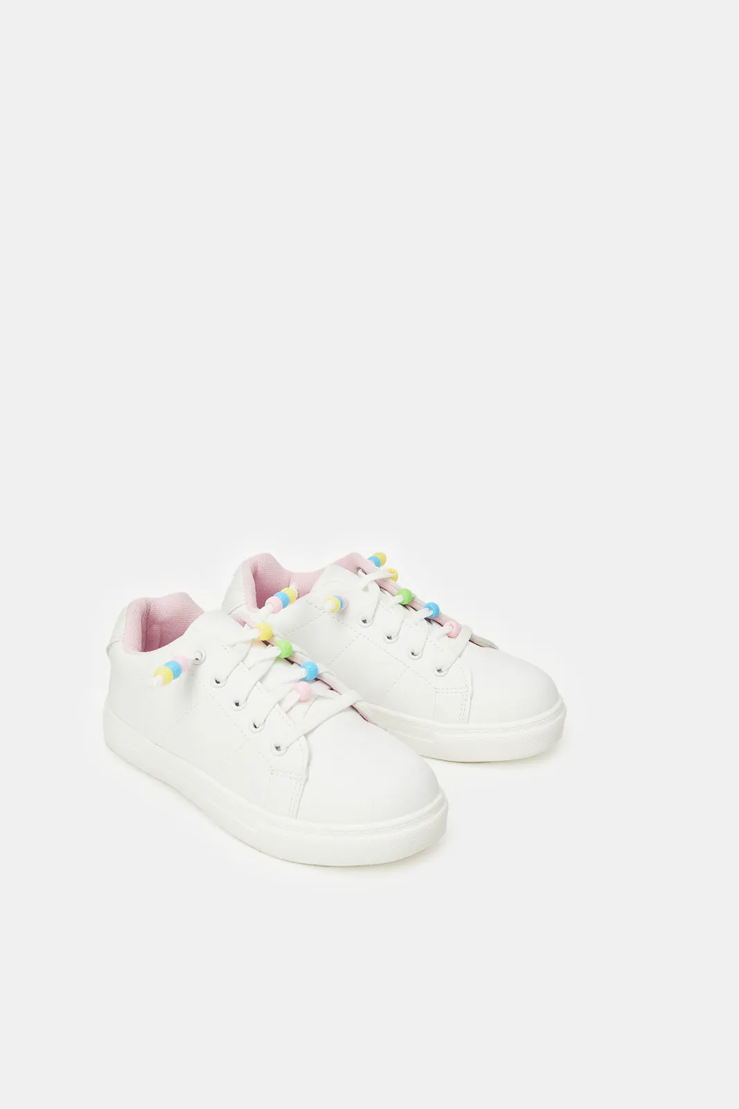 Girls White Beads Sneakers