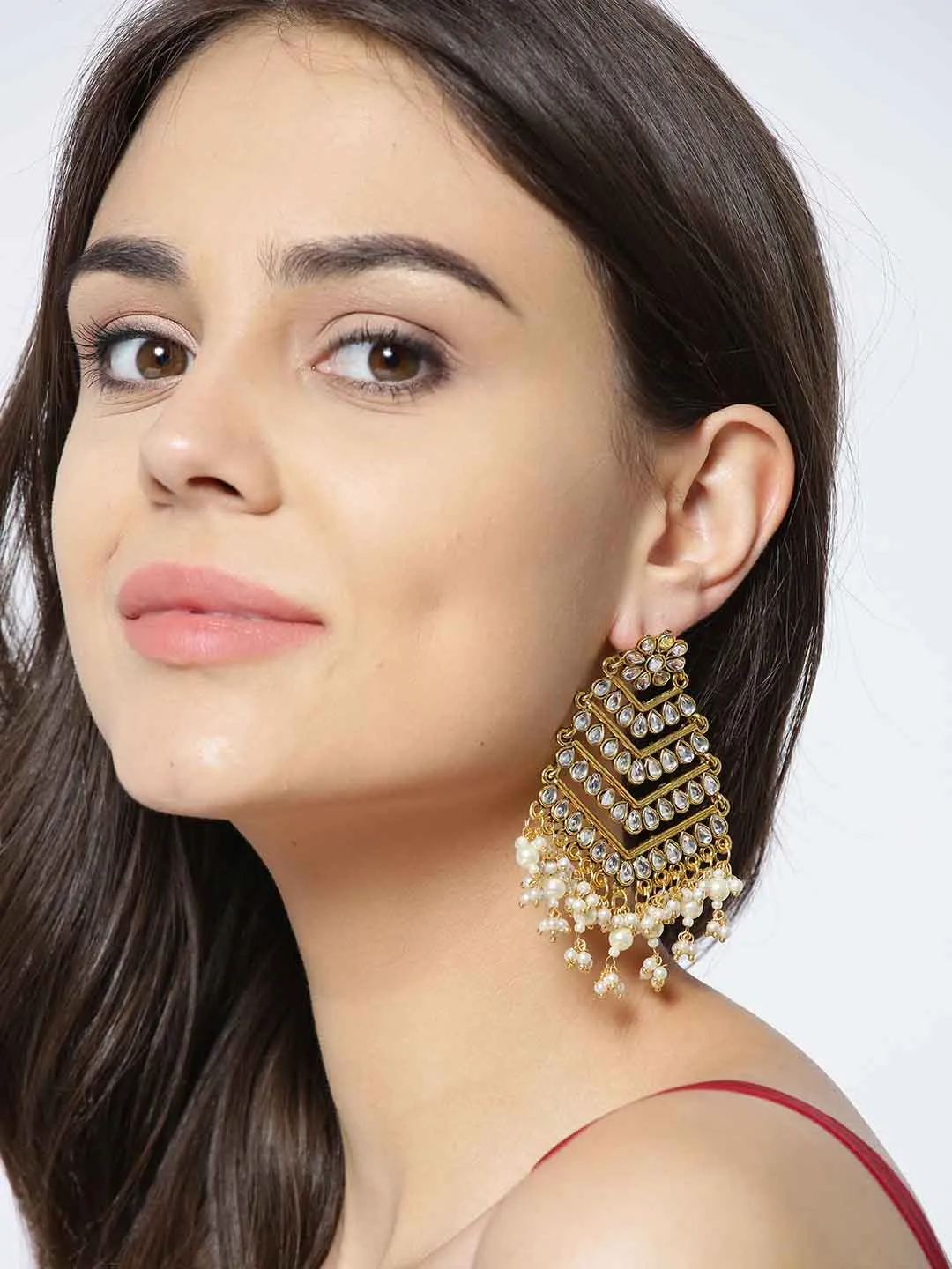 Gold-Toned & Off-White Gold-Plated Kundan Classic Drop Earrings