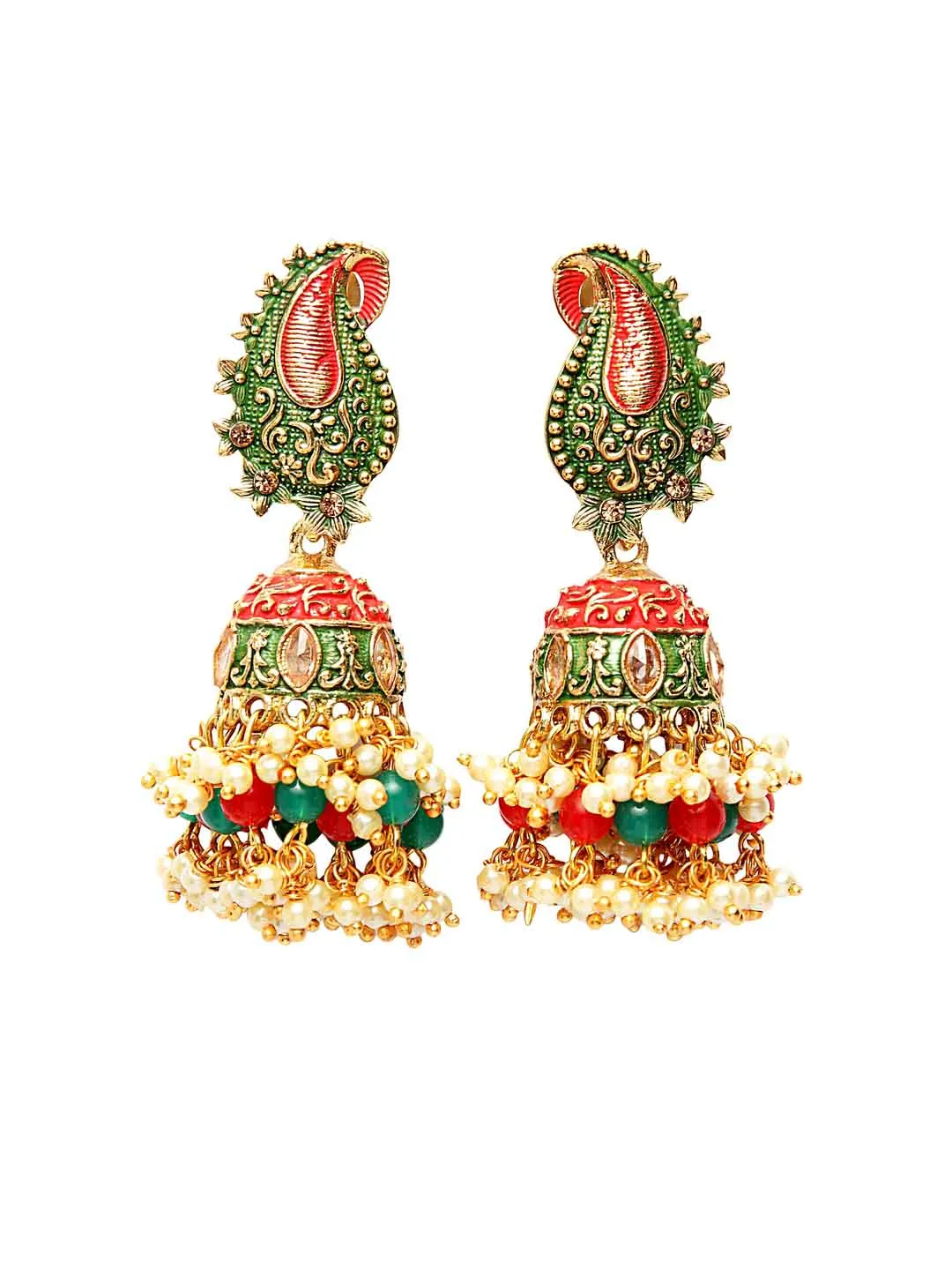 Gold-Toned & Red Dome Shaped Jhumkas